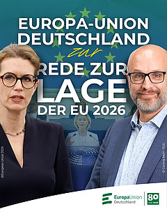 EUD-Präsidentin Andrea Wechsler und Generalsekretär Christian Moos zur SOTEU-Rede 2026. Im Hintergrund der beiden Portraits ist ein Bild von EU-Kommissionspräsidentin Ursula von der Leyen bei ihrer Rede im Europäischen Parlament in Straßburg zu sehen.
