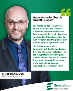 Portraitfoto von Europa-Union Generalsekretär Christian Moos und daneben ein Textfeld mit dem Beginn seines Statements zum Ausgang der Parlamentswahl in Tschechien.