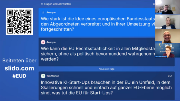 Ein Screenshot einer Slido-Umfrage während einer Videokonferenz zur globalen Rolle der EU. Die Antwortmöglichkeit „Als wichtigen Partner – global bedeutend, aber ohne letztes Durchsetzungsgewicht“ führt mit großem Abstand vor den Optionen „Wirtschaftsblock“, „Krisenmanager“ und „Weltmacht“. Links wird ein QR-Code zur Teilnahme (#EUD) angezeigt, am rechten Rand sind vier Sprecher per Webcam zu sehen.