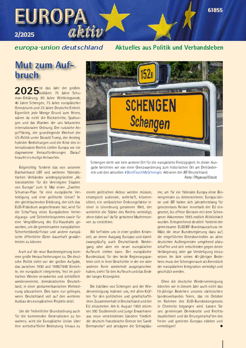 Titelseite der Mitgliedszeitschrift Europa aktiv mit einem Foto des Ortsschildes von Schengen und einem Artikel mit der Überschrift "Mut zum Aufbruch"