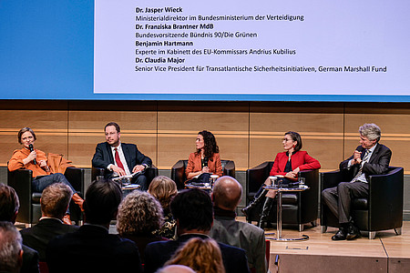 Das Foto zeigt die Podiumsdiskussion beim 36. Europäischen Abend in Berlin. Man sieht vier Panel-Teilnehmende mit der Moderatorin in der Mitte im Halbkreis auf einer Bühne auf Sesseln sitzen. Im Vordergrund ist das Publikum zu sehen, im Hintergrund eine Präsentation mit den Namen der Panel-Gäste.