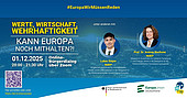 Plakat zur Veranstaltung ‚#EuropaWirMüssenReden‘ mit dem Titel ‚Werte, Wirtschaft, Wehrhaftigkeit – Kann Europa noch mithalten?‘. Die Veranstaltung fand am 01.12.2025 von 20:00 bis 21:30 Uhr als Online-Bürgerdialog über Zoom statt. Auf dem Plakat sind zwei Personen abgebildet: Lukas Sieper, MdEP, Mitglied im Ausschuss für internationalen Handel, sowie Prof. Dr. Andrea Wechsler, MdEP, Mitglied im Ausschuss für Industrie, Forschung und Energie. Beide sind Mitglieder der Delegation in der Parlamentarischen Versammlung Euronest. Das Plakat enthält einen QR-Code und den Link bit.ly/www-europa zur Anmeldung. Organisiert wird die Veranstaltung von der Europa-Union Deutschland in Zusammenarbeit mit dem Presse- und Informationsamt der Bundesregierung.